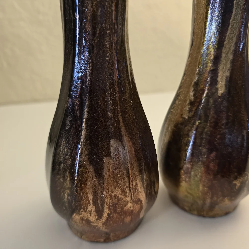2 HANDCRAFTED Upcycled Glass Vases Brown & Copper HANDPAINTED Tabletop Art Decor